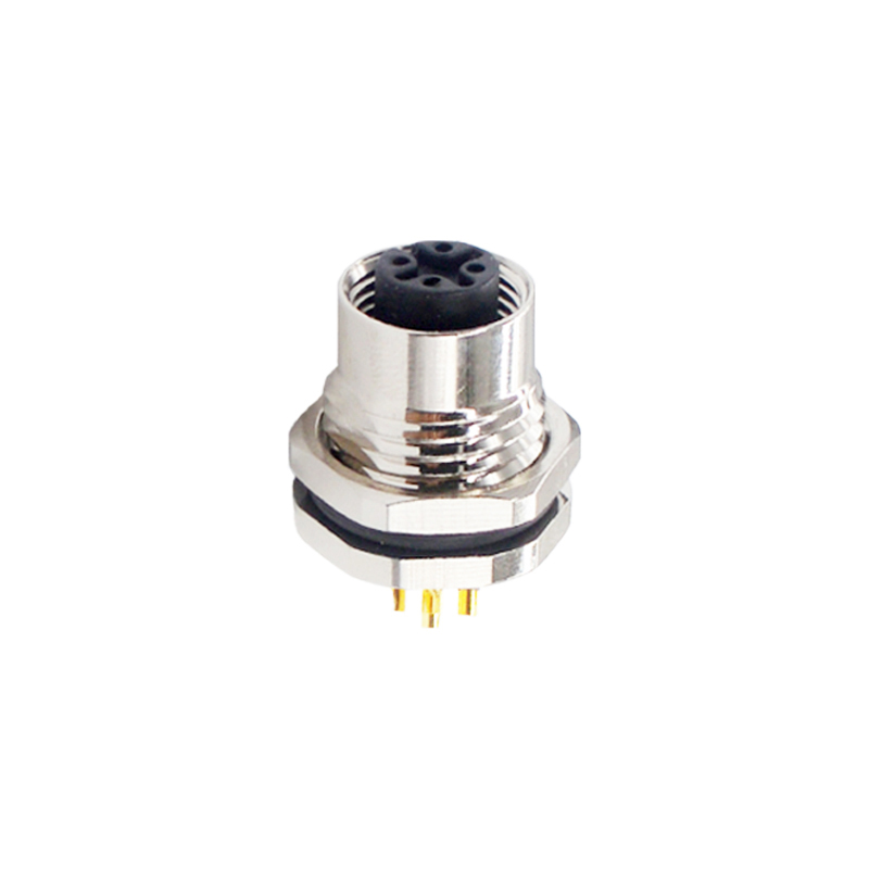 M12 4pins A code female straight front panel mount connector PF9 thread,unshielded,solder,brass with nickel plated shell